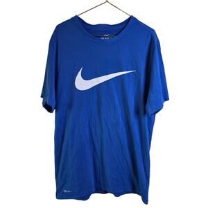 Nike Dri-FIT T-Shirt Men's Medium Blue White Swoosh Logo Graphic Performance Tee